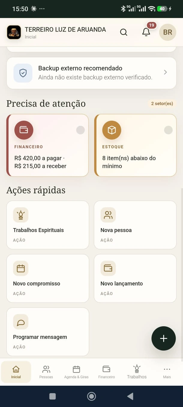 Tela inicial do Meu Terreiro no celular